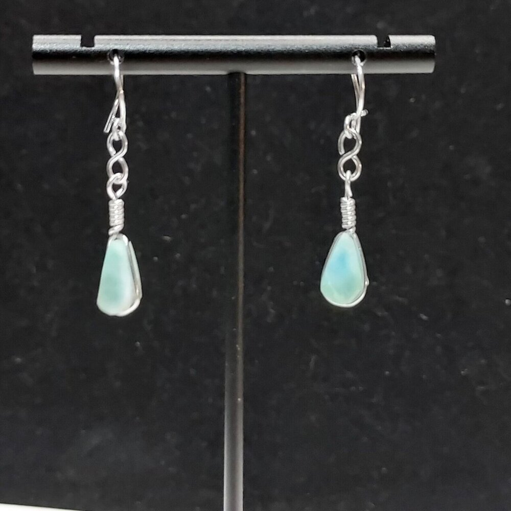 Larimar Raw Teardrop Wire Pierced Dangle Earrings 1.35g